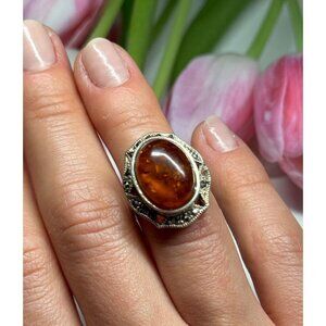 925 STERLING SILVER  AMBER & MARCASITE RING SIZE 5